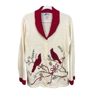 J Two New York Vintage Cardinal Embroidered Holiday Cardigan Size‎ Large V1